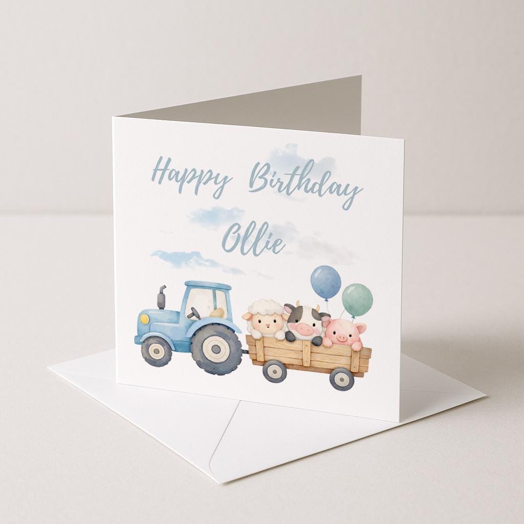 Personalised Children's Birthday Card, farm animal and Tractor Theme - Family Birthday - First Birthday Gift - 2nd Birthday Card - For Child