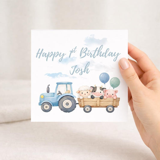 Personalised Children's Birthday Card, farm animal and Tractor Theme - Family Birthday - First Birthday Gift - 2nd Birthday Card - For Child