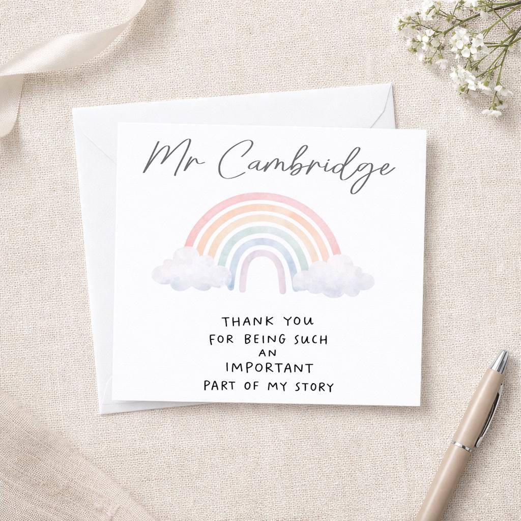 Personalised Teacher Thank You Card, Rainbow Design, Square Greeting Card
