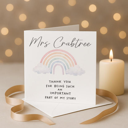 Personalised Teacher Thank You Card, Rainbow Design, Square Greeting Card