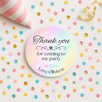 Personalised rainbow Party Stickers, Thank You Goodie Bag Labels