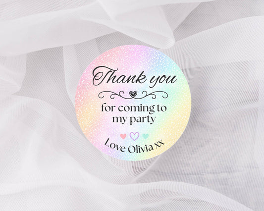 Personalised rainbow Party Stickers, Thank You Goodie Bag Labels