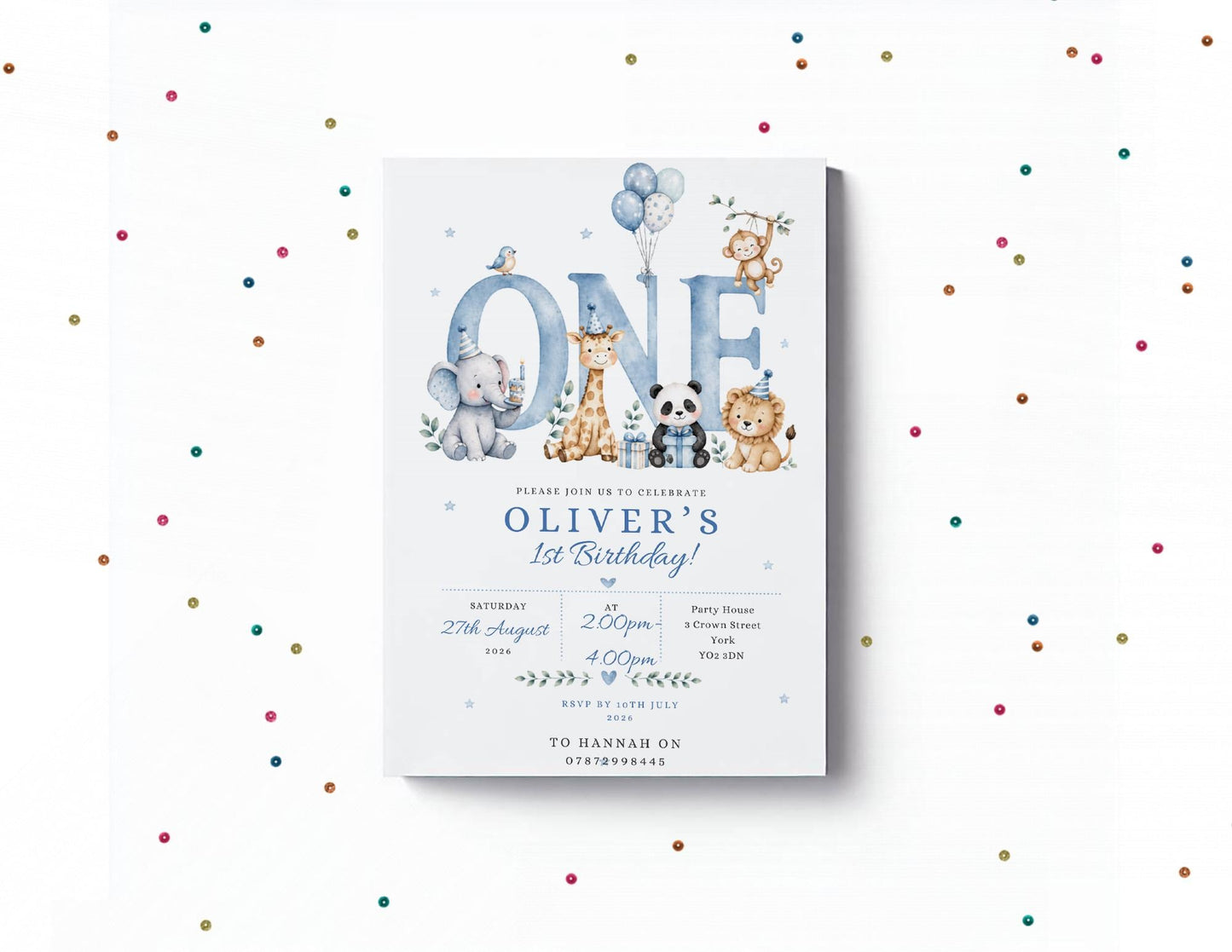 Personalised  Birthday Invitation Boy, Blue Animal Birthday Invite, Jungle Animals Party Invite, Custom Kids Birthday Card, Printed Invite