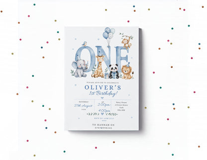 Personalised  Birthday Invitation Boy, Blue Animal Birthday Invite, Jungle Animals Party Invite, Custom Kids Birthday Card, Printed Invite