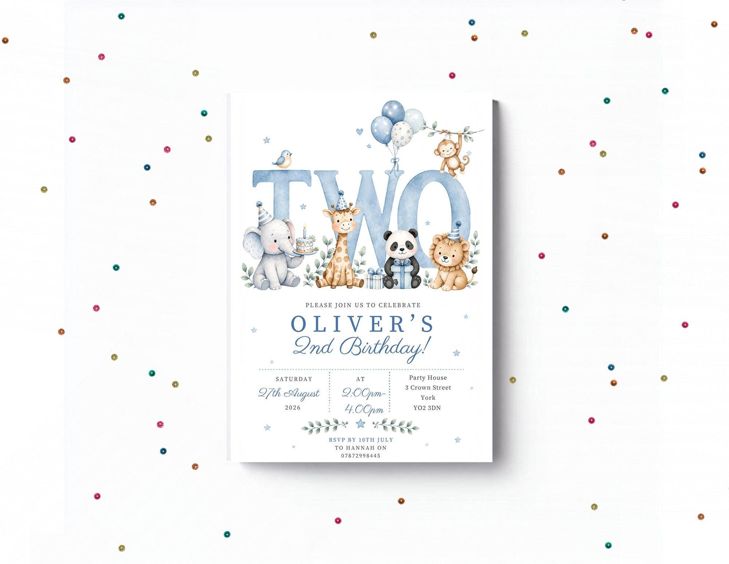 Personalised  Birthday Invitation Boy, Blue Animal Birthday Invite, Jungle Animals Party Invite, Custom Kids Birthday Card, Printed Invite