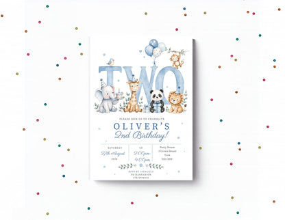 Personalised  Birthday Invitation Boy, Blue Animal Birthday Invite, Jungle Animals Party Invite, Custom Kids Birthday Card, Printed Invite