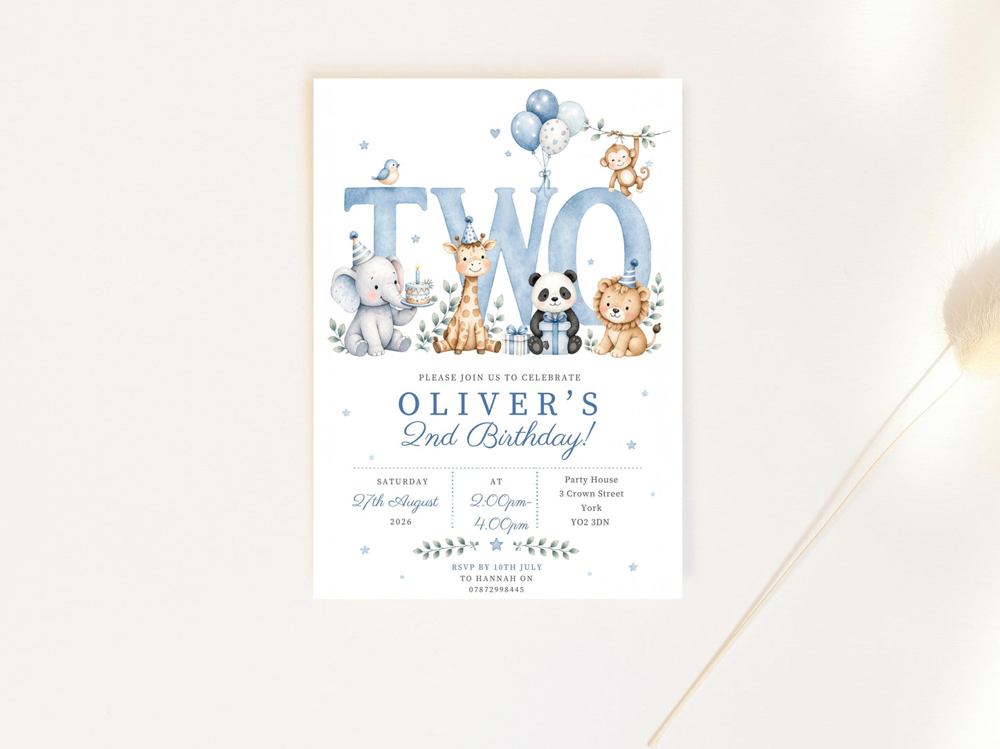 Personalised  Birthday Invitation Boy, Blue Animal Birthday Invite, Jungle Animals Party Invite, Custom Kids Birthday Card, Printed Invite