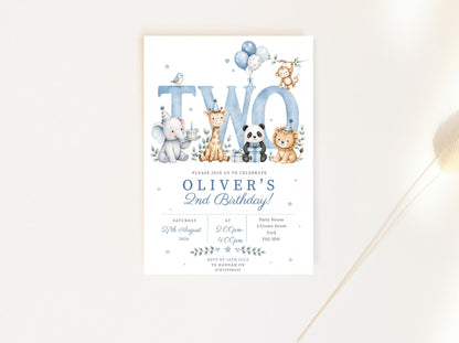 Personalised  Birthday Invitation Boy, Blue Animal Birthday Invite, Jungle Animals Party Invite, Custom Kids Birthday Card, Printed Invite