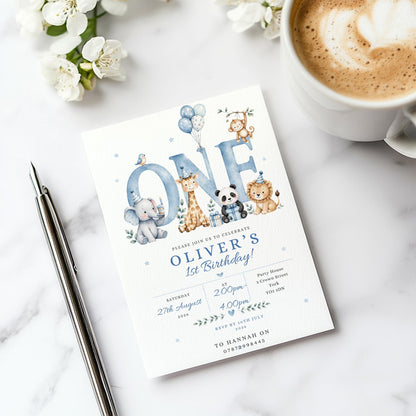 Personalised  Birthday Invitation Boy, Blue Animal Birthday Invite, Jungle Animals Party Invite, Custom Kids Birthday Card, Printed Invite