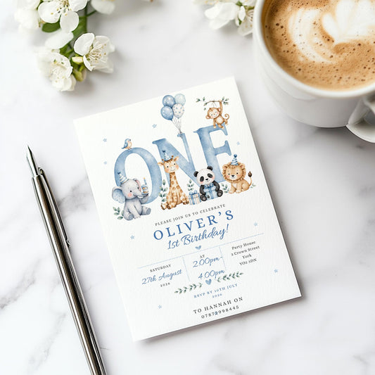 Personalised  Birthday Invitation Boy, Blue Animal Birthday Invite, Jungle Animals Party Invite, Custom Kids Birthday Card, Printed Invite