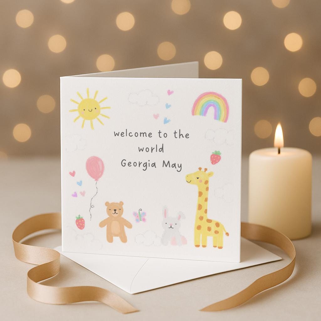 Personalised New Baby Card, Animal Design Welcome To The World Congratulations