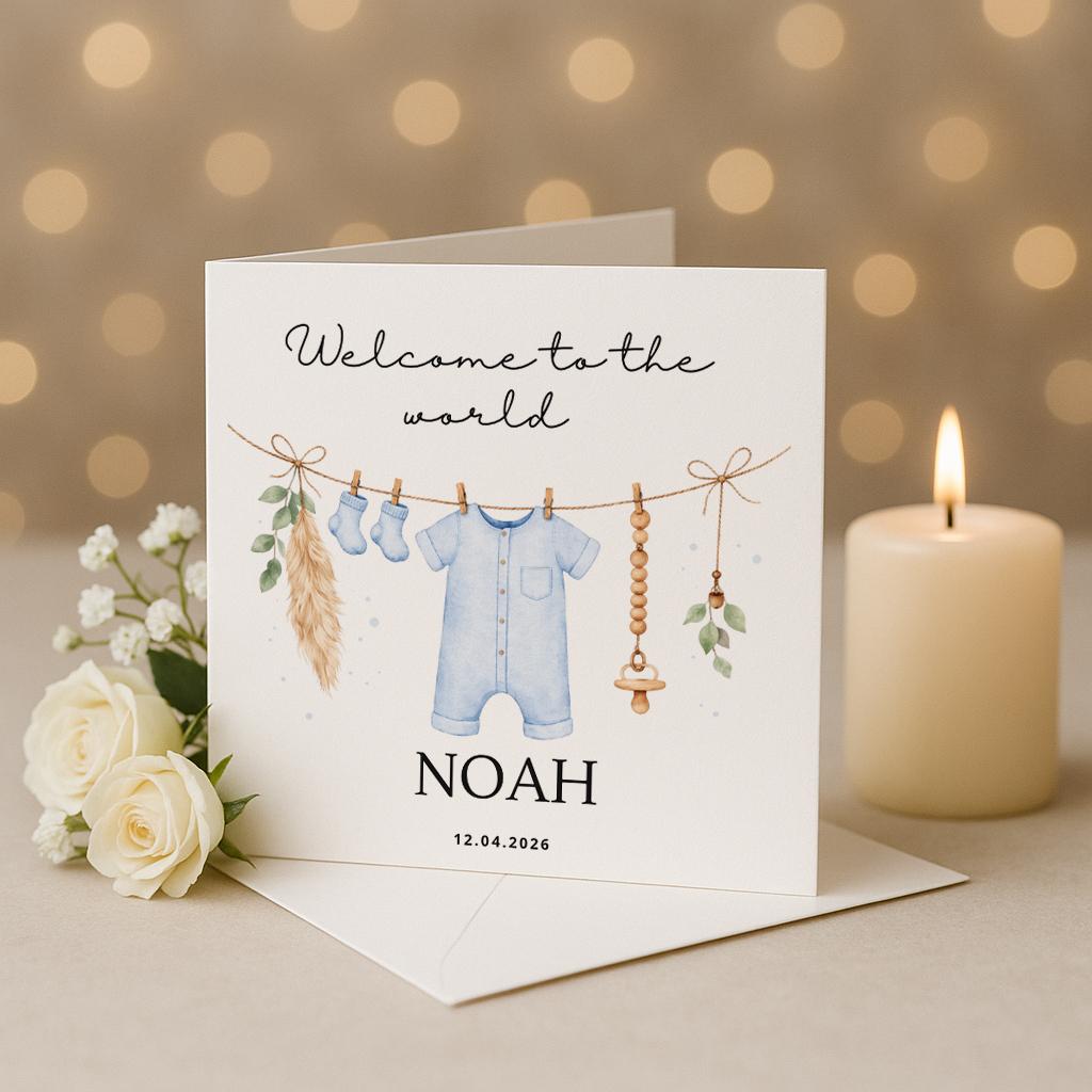 Welcome to the world baby card, blue, personalised