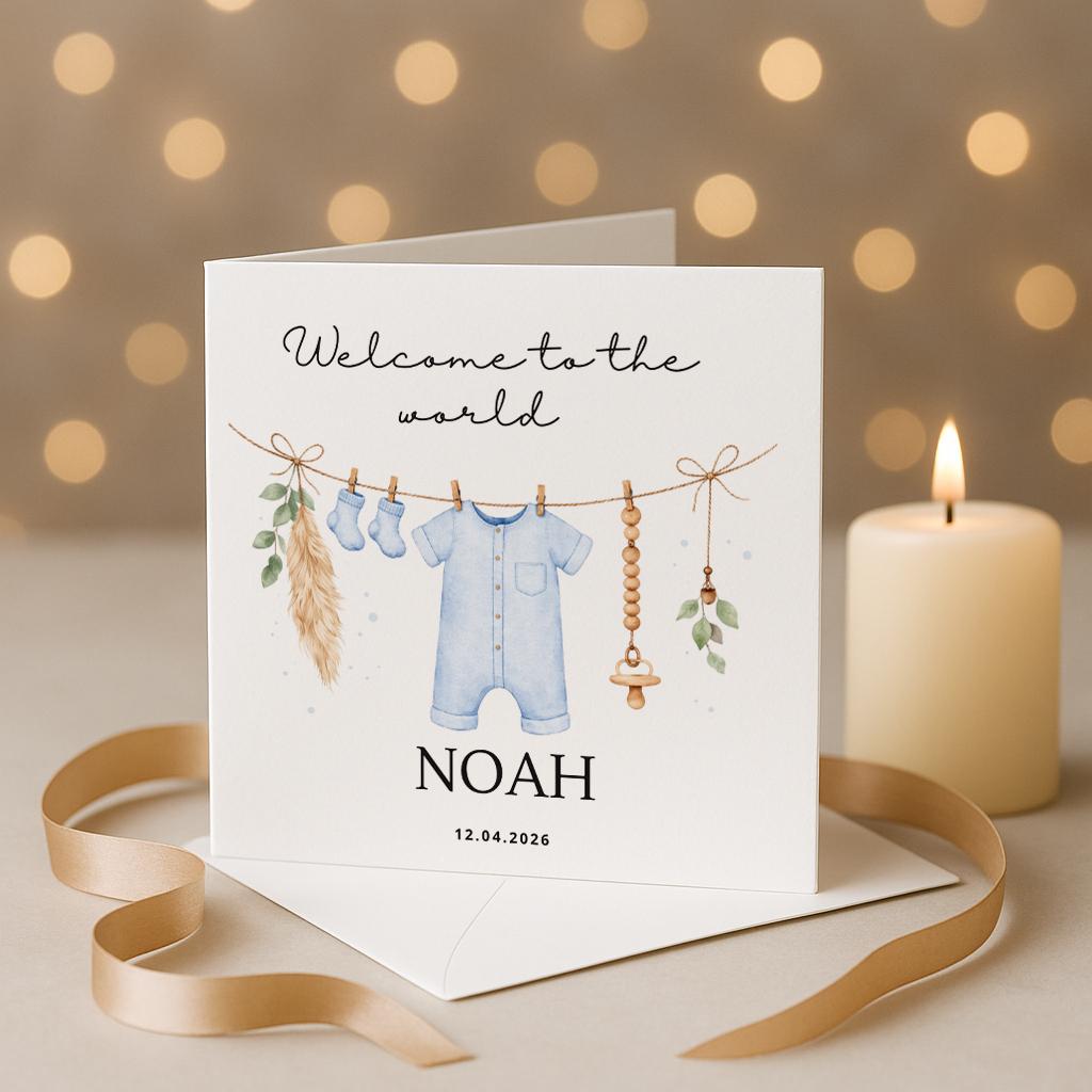 Greeting card with baby clothes and 'Welcome to the world' text, lit candle in the background
