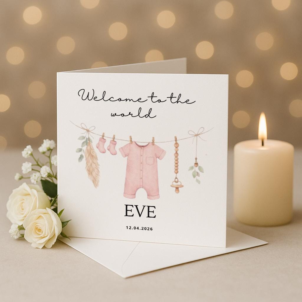 Welcome to the world baby card, pink, personalised