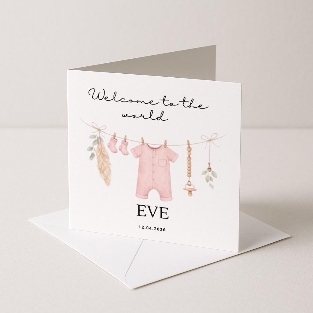 Welcome to the world baby card, pink, personalised