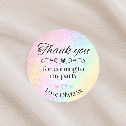 Personalised rainbow Party Stickers, Thank You Goodie Bag Labels