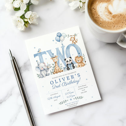 Personalised  Birthday Invitation Boy, Blue Animal Birthday Invite, Jungle Animals Party Invite, Custom Kids Birthday Card, Printed Invite