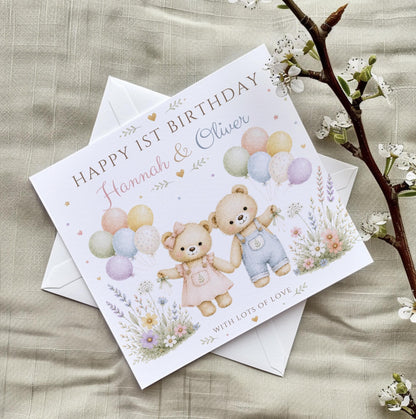 Twins First Birthday card, Personalised 1st birthday card, Teddy Card