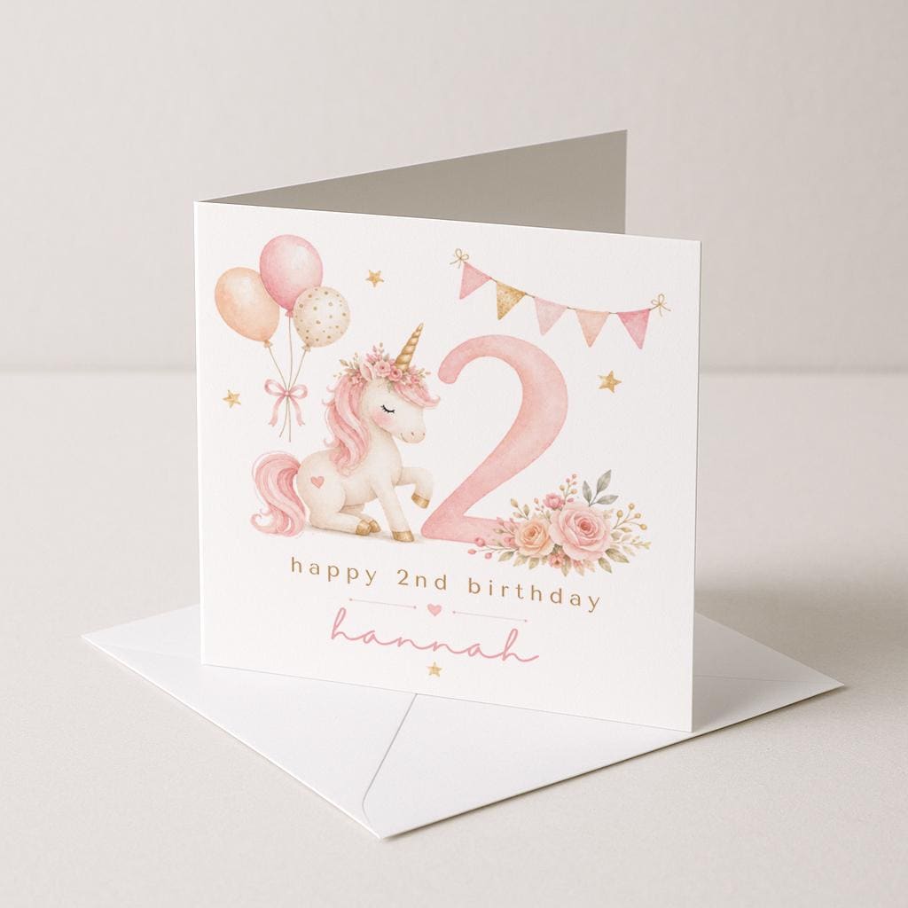 Personalised 2nd Birthday Card, Unicorn birthday card, Second Birthday Card, Baby 2nd Birthday, Son Daughter Niece Nephew