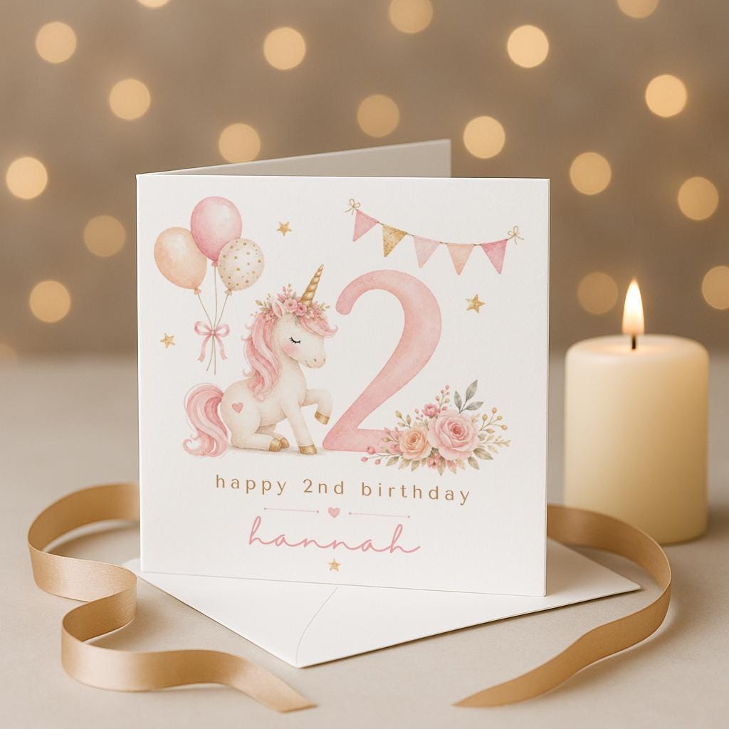 Personalised 2nd Birthday Card, Unicorn birthday card, Second Birthday Card, Baby 2nd Birthday, Son Daughter Niece Nephew