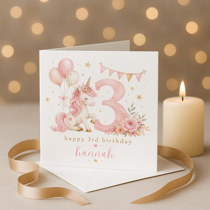 Personalised 3rd Birthday Card, Unicorn birthday card, third Birthday Card, Baby 3rd Birthday, Son Daughter Niece Nephew