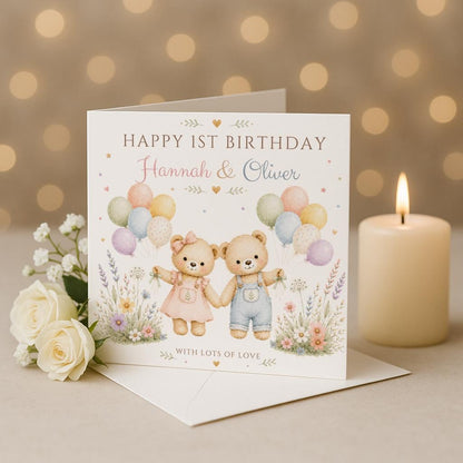 Twins First Birthday card, Personalised 1st birthday card, Teddy Card