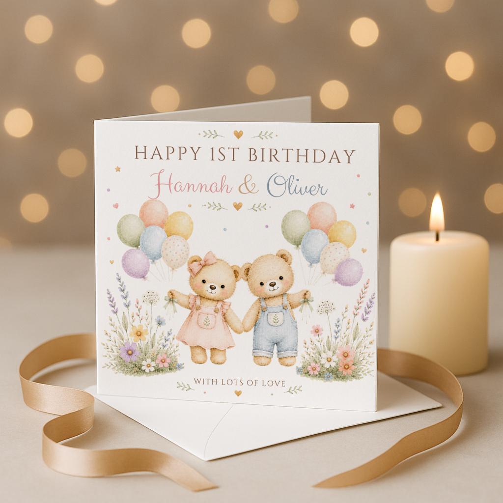 Twins First Birthday card, Personalised 1st birthday card, Teddy Card