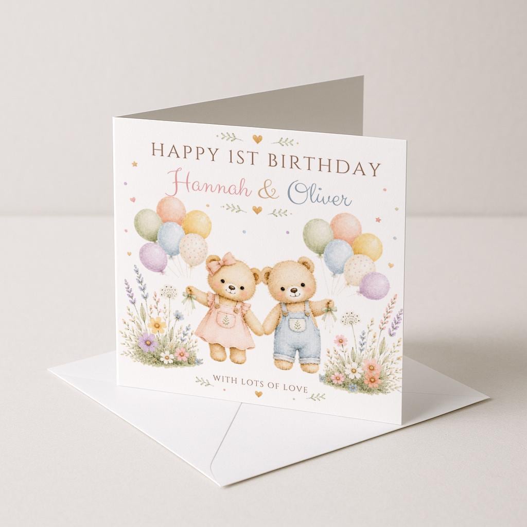 Twins First Birthday card, Personalised 1st birthday card, Teddy Card