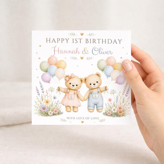 Twins First Birthday card, Personalised 1st birthday card, Teddy Card