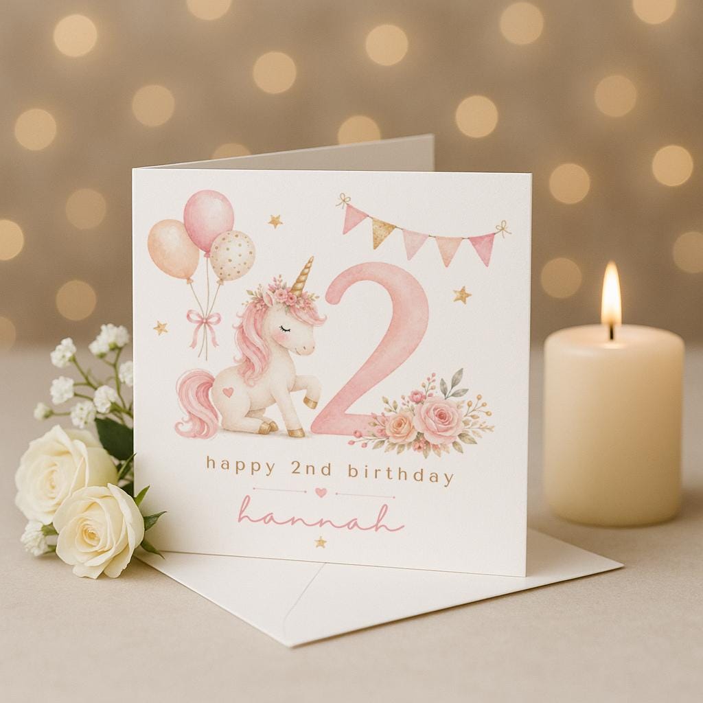Personalised 2nd Birthday Card, Unicorn birthday card, Second Birthday Card, Baby 2nd Birthday, Son Daughter Niece Nephew