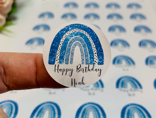 Personalised Rainbow Happy Birthday Stickers Blue
