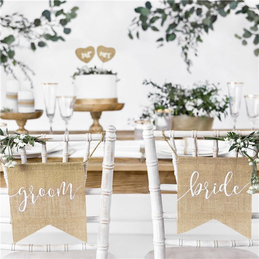 Hessian Bride & Groom Chair Signs wedding venue decorations