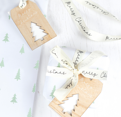 Christmas Gift Wrapping Paper, Wooden Tag Tree Wrapping Paper, Christmas Gift Wrap, Christmas Present Wrapping Paper