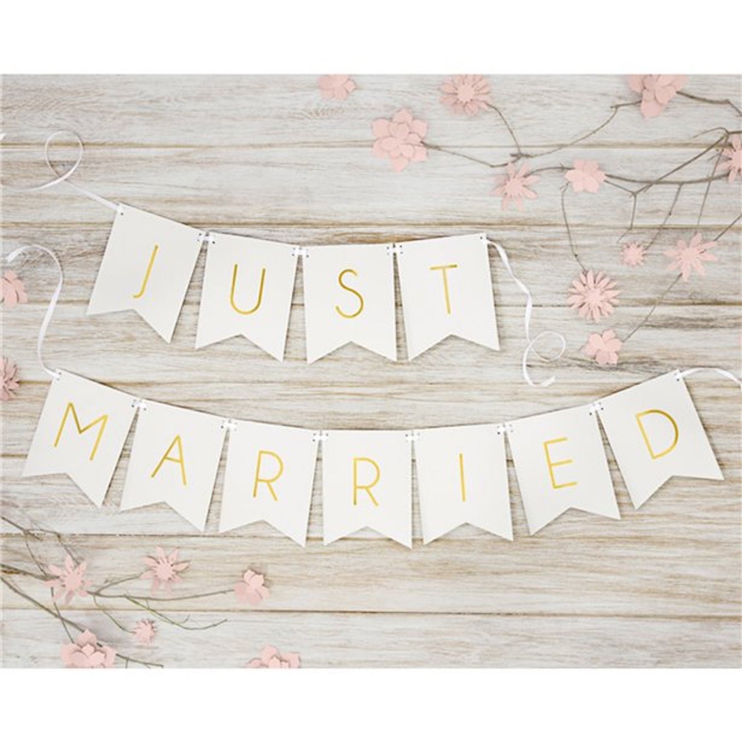 Just Married White and Gold Wedding Banner
