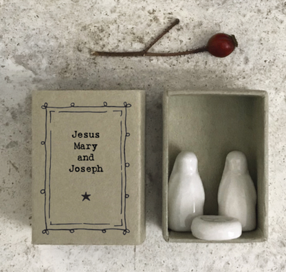 East Of India Matchbox Porcelain Jesus Mary and Joseph Ornament