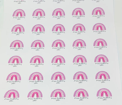 Personalised Rainbow Happy Birthday Stickers Pink