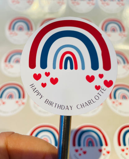 Happy Birthday Personalised Stickers, Rainbow Stickers, Party Bag stickers, Card stickers
