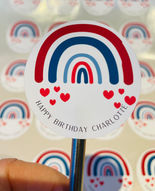 Happy Birthday Personalised Stickers, Rainbow Stickers, Party Bag stickers, Card stickers