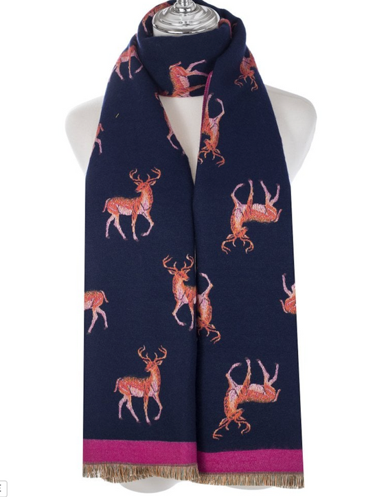 Reversible Navy Blue and Pink stag print scarf