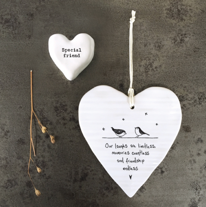 East Of India Porcelain Hanging Heart laughs are limitless Porcelain Gift